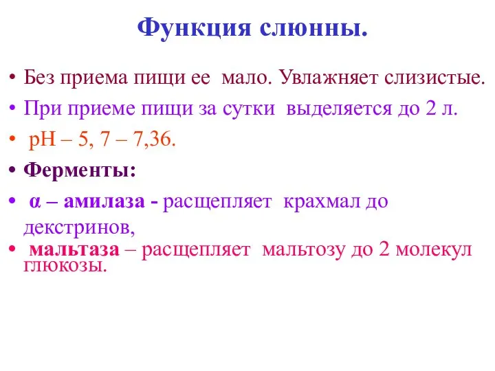 Функция слюнны. Без приема пищи ее мало. Увлажняет слизистые. При приеме