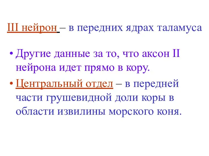 III нейрон – в передних ядрах таламуса Другие данные за то,