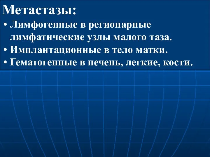 Метастазы: Лимфогенные в регионарные лимфатические узлы малого таза. Имплантационные в тело