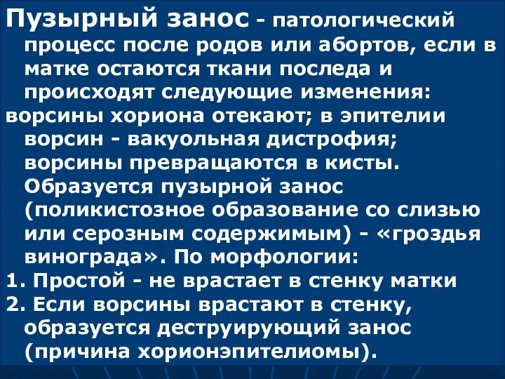 Пузырный занос - патологический процесс после родов или абортов, если в