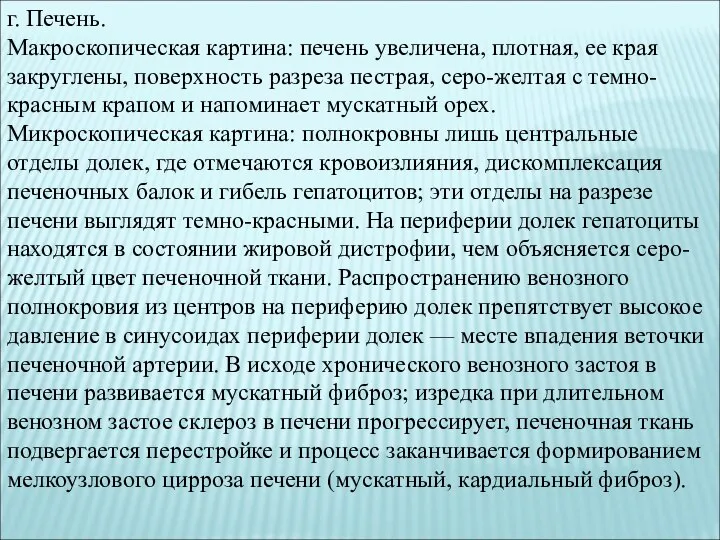 г. Печень. Макроскопическая картина: печень увеличена, плотная, ее края закруглены, поверхность