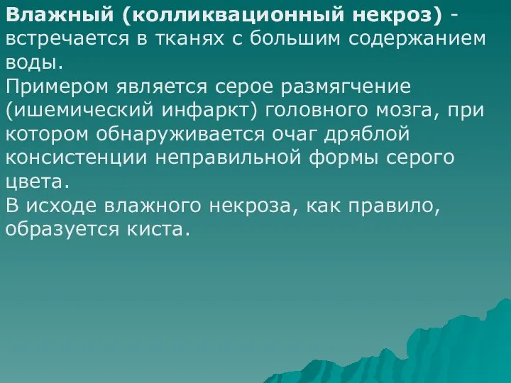 Влажный (колликвационный некроз) - встречается в тканях с большим содержанием воды.