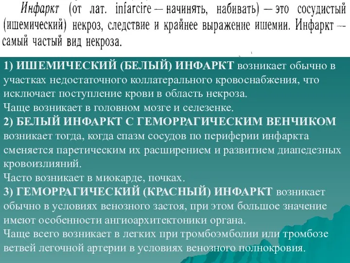 1) ИШЕМИЧЕСКИЙ (БЕЛЫЙ) ИНФАРКТ возникает обычно в участках недостаточного коллатерального кровоснабжения,