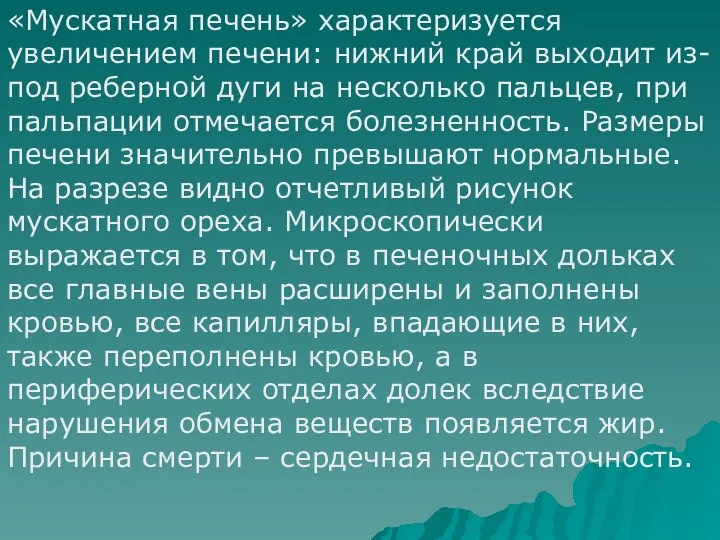 «Мускатная печень» характеризуется увеличением печени: нижний край выходит из-под реберной дуги