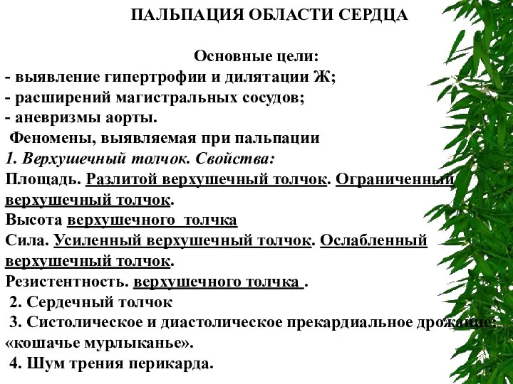 ПАЛЬПАЦИЯ ОБЛАСТИ СЕРДЦА Основные цели: - выявление гипертрофии и дилятации Ж;