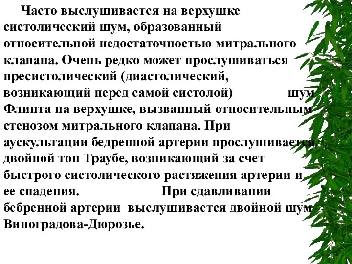 Часто выслушивается на верхушке систолический шум, образованный относительной недостаточностью митрального клапана.