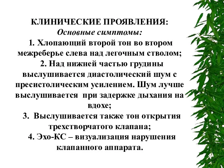 КЛИНИЧЕСКИЕ ПРОЯВЛЕНИЯ: Основные симптомы: 1. Хлопающий второй тон во втором межреберье