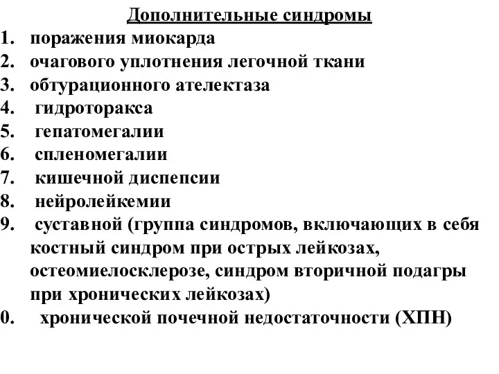 Дополнительные синдромы поражения миокарда очагового уплотнения легочной ткани обтурационного ателектаза гидроторакса