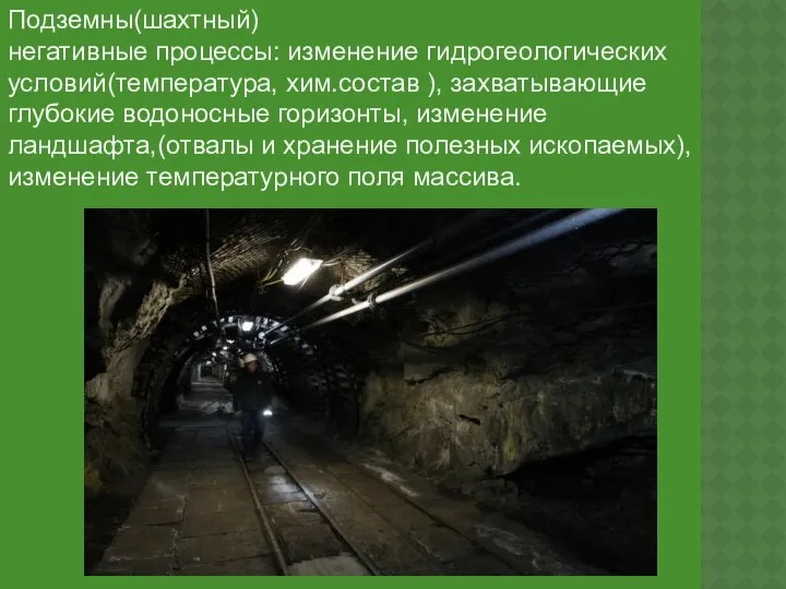 Подземны(шахтный) негативные процессы: изменение гидрогеологических условий(температура, хим.состав ), захватывающие глубокие водоносные