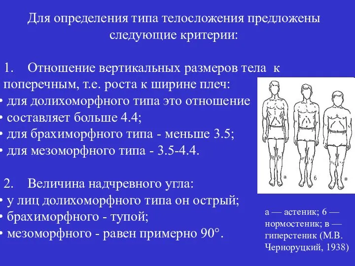 Для определения типа телосложения предложены следующие критерии: 1. Отношение вертикальных размеров