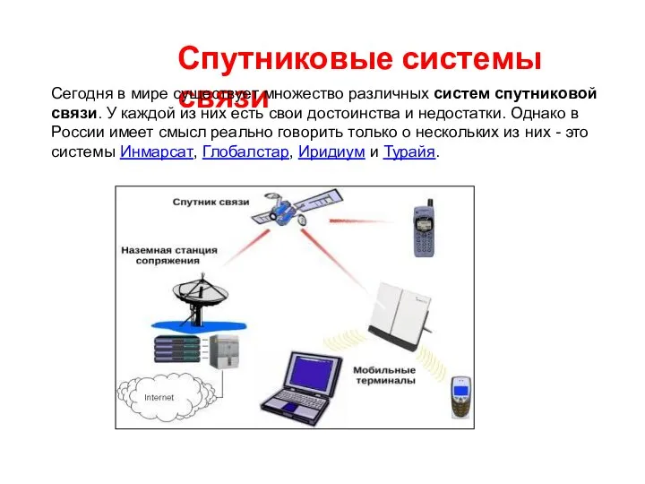 Спутниковые системы связи Сегодня в мире существует множество различных систем спутниковой