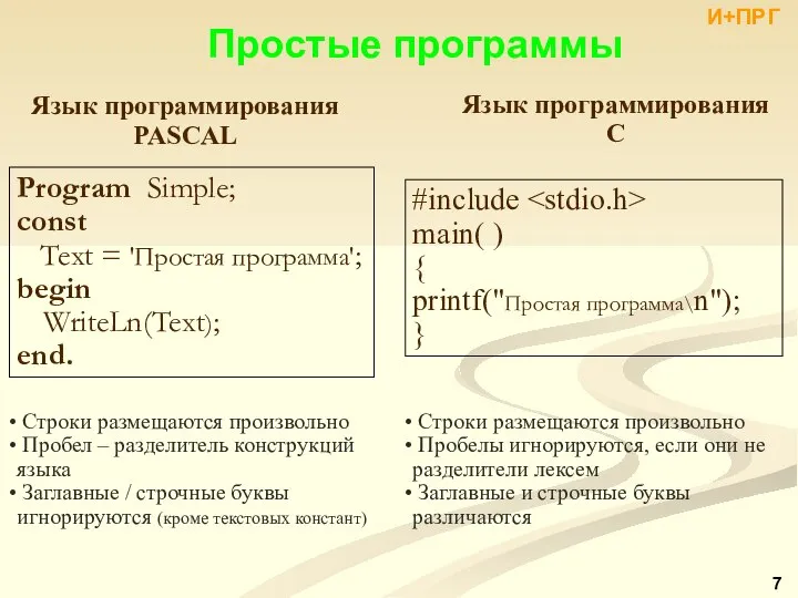 Простые программы Язык программирования PASCAL Язык программирования C Program Simple; const