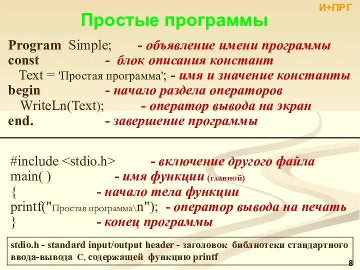 Простые программы stdio.h - standard input/output header - заголовок библиотеки стандартного