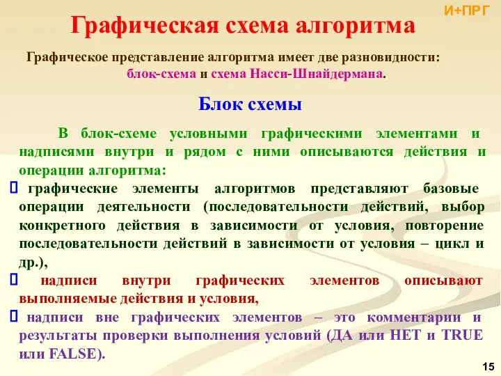 Графическая схема алгоритма Графическое представление алгоритма имеет две разновидности: блок-схема и