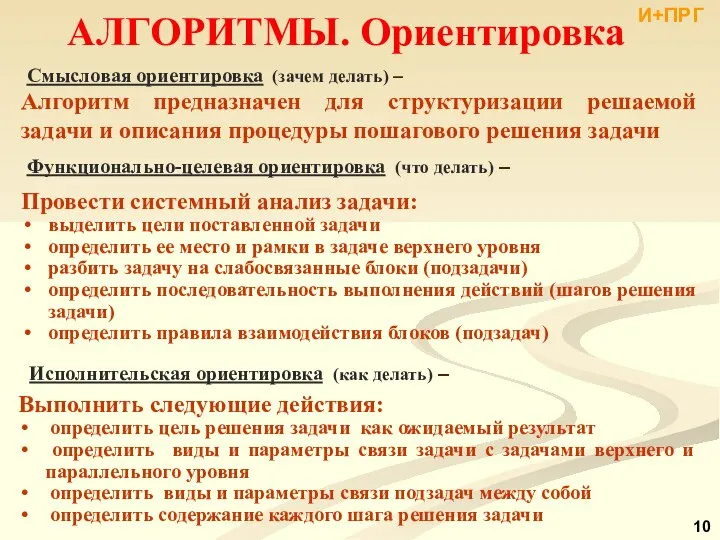 АЛГОРИТМЫ. Ориентировка Алгоритм предназначен для структуризации решаемой задачи и описания процедуры