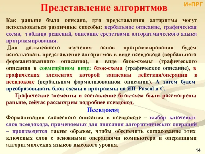 Представление алгоритмов Как раньше было описано, для представления алгоритма могут использоваться