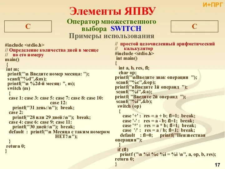 Элементы ЯПВУ C Оператор множественного выбора SWITCH Примеры использования #include //