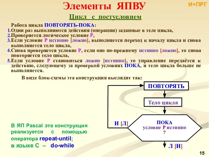 Элементы ЯПВУ Цикл с постусловием Работа цикла ПОВТОРЯТЬ-ПОКА: Один раз выполняются