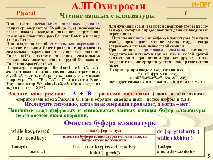 Чтение данных с клавиатуры Очистка буфера клавиатуры И+ПРГ АЛГОхитрости При вводе