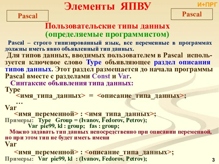 Пользовательские типы данных (определяемые программистом) Pascal – строго типизированный язык, все