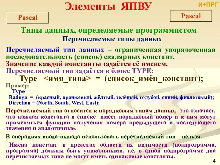 Элементы ЯПВУ Типы данных, определяемые программистом Перечисляемые типы данных Перечисляемый тип