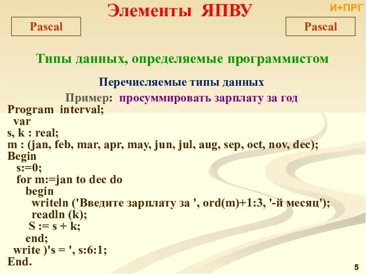 Элементы ЯПВУ Типы данных, определяемые программистом Перечисляемые типы данных Пример: просуммировать