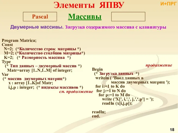 Двумерные массивы. Загрузка содержимого массива с клавиатуры И+ПРГ Program Matrica; Const