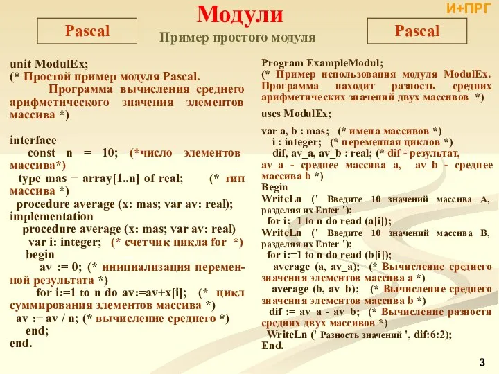 unit ModulEx; (* Простой пример модуля Pascal. Программа вычисления среднего арифметического