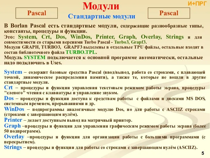 Стандартные модули В Borlan Pascal есть стандартные модули, содержащие разнообразные типы,