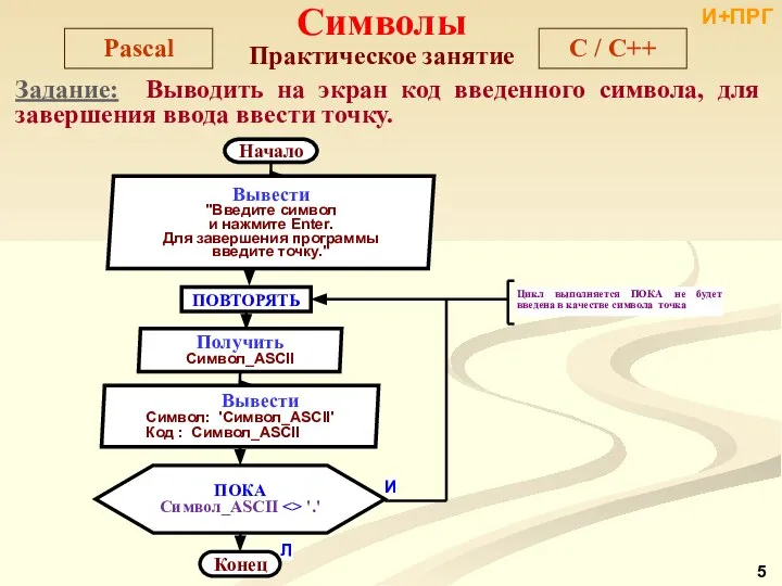 Задание: Выводить на экран код введенного символа, для завершения ввода ввести точку. И+ПРГ