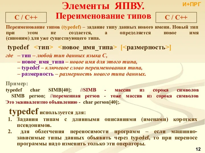 C / С++ Элементы ЯПВУ. Переименование типов Переименование типов (typedef) –