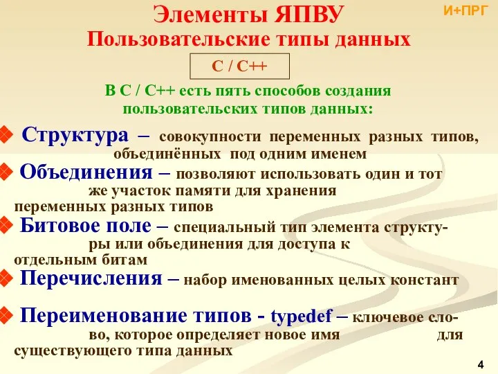 Элементы ЯПВУ Пользовательские типы данных C / С++ В С /