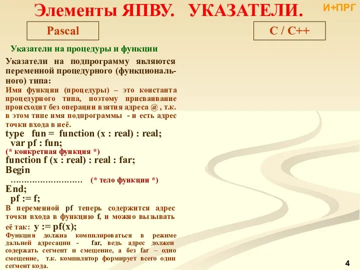 Указатели на процедуры и функции Указатели на подпрограмму являются переменной процедурного