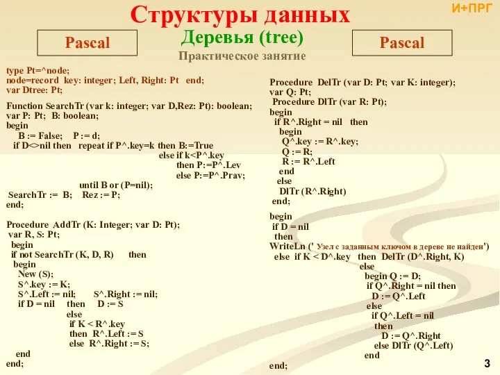 Практическое занятие type Pt=^node; node=record key: integer; Left, Right: Pt end;