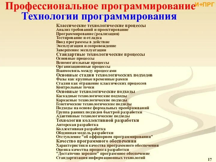 Профессиональное программирование Технологии программирования Классические технологические процессы Анализ требований и проектирование