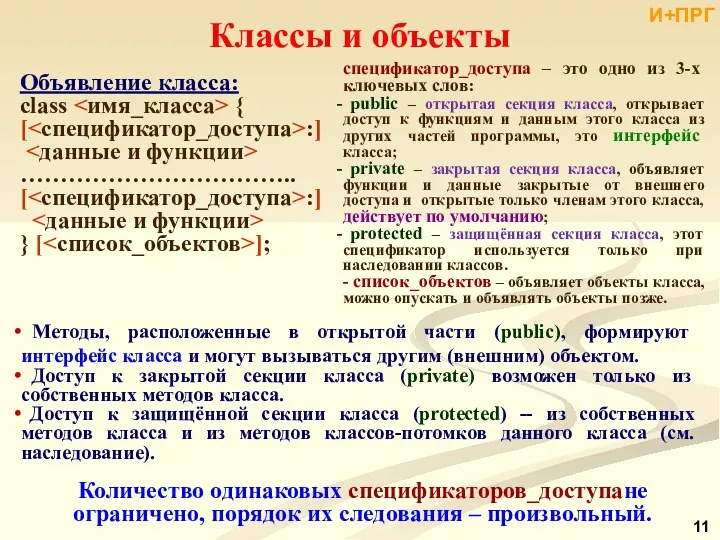 Объявление класса: class { [ :] …………………………….. [ :] } [