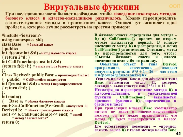 ООП При наследовании часто бывает необходимо, чтобы поведение некоторых методов базового