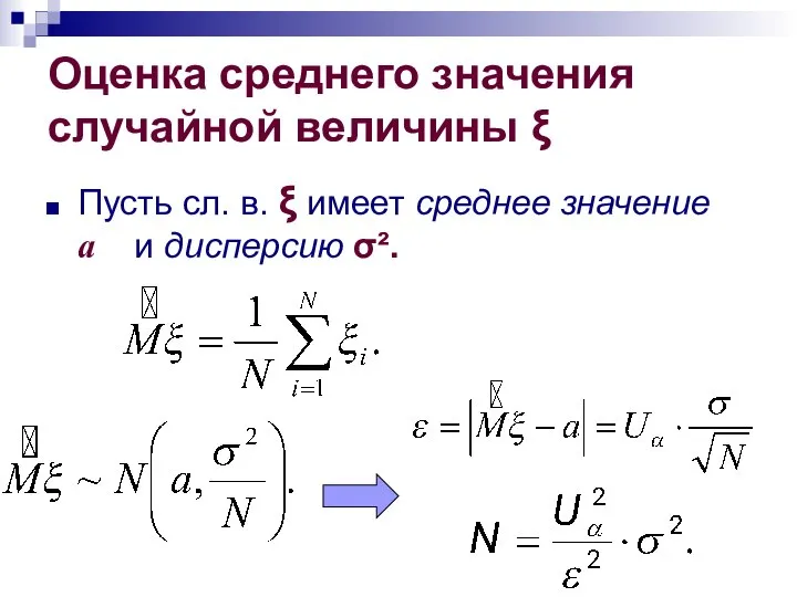 Оценка среднего значения случайной величины ξ Пусть сл. в. ξ имеет