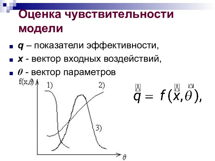 Оценка чувствительности модели q – показатели эффективности, x - вектор входных воздействий, θ - вектор параметров