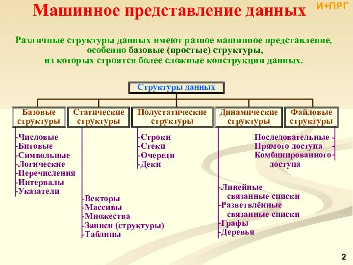 Машинное представление данных Различные структуры данных имеют разное машинное представление, особенно