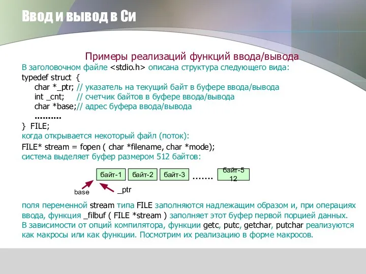 Ввод и вывод в Си Примеры реализаций функций ввода/вывода В заголовочном