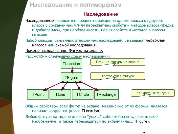 Наследование и полиморфизм Наследование Наследованием называется процесс порождения одного класса от