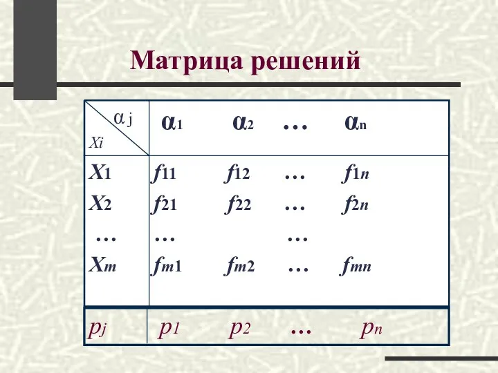 Матрица решений pj p1 p2 … pn