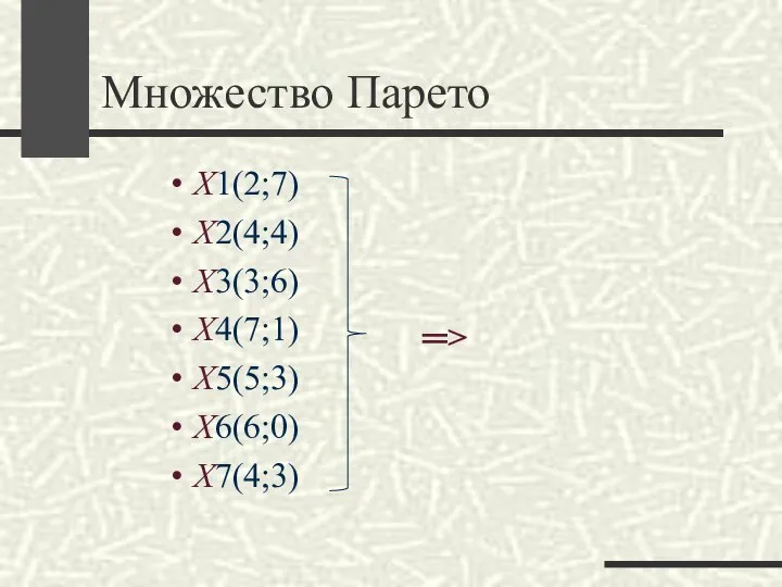 Множество Парето Х1(2;7) Х2(4;4) Х3(3;6) Х4(7;1) Х5(5;3) Х6(6;0) Х7(4;3) ═>