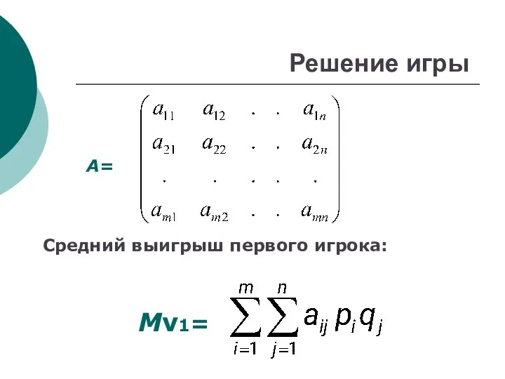 Решение игры A= Средний выигрыш первого игрока: Мν1=