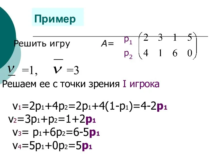 Пример Решить игру А= =1, =3 Решаем ее с точки зрения