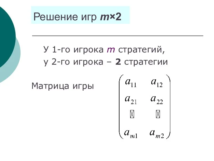 Решение игр m×2 У 1-го игрока m стратегий, у 2-го игрока – 2 стратегии Матрица игры