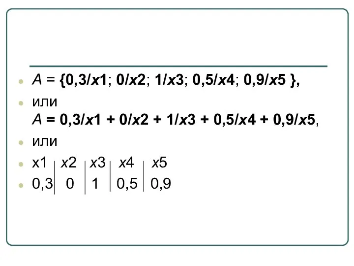 A = {0,3/x1; 0/x2; 1/x3; 0,5/x4; 0,9/x5 }, или A =