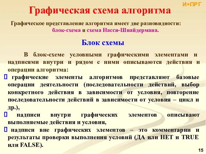 Графическая схема алгоритма Графическое представление алгоритма имеет две разновидности: блок-схема и