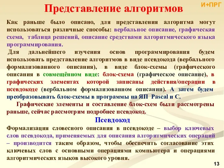 Представление алгоритмов Как раньше было описано, для представления алгоритма могут использоваться